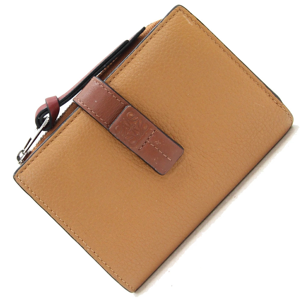 Loewe Anagram Slim Zip Bifold Wallet Camel Brown Red Leather Tricolor